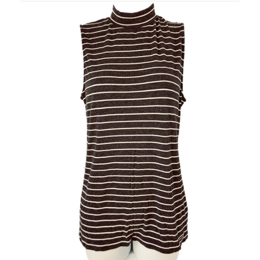 Michael Michael Kors Mock Neck Top Women L Brown Striped Ribbed Sleeveless
